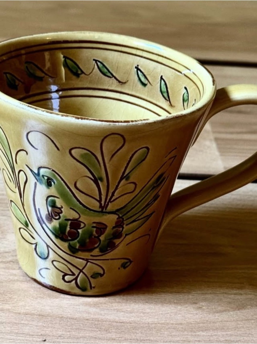 Vietri Yellow Ceramic Mug with Hand-Painted Green Bird